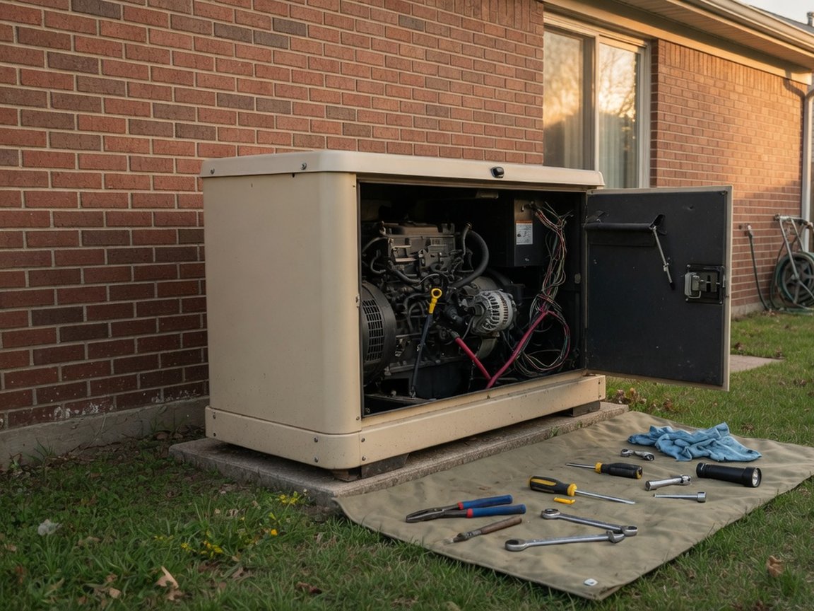 Standby generator with the service door open beside a home